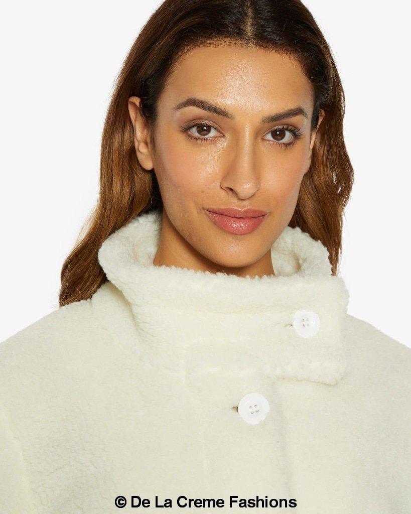 Julie High Neck Borg Teddy Coat in a cozy oversized design, featuring a high neck and single breasted button closure, perfect for winter wear.