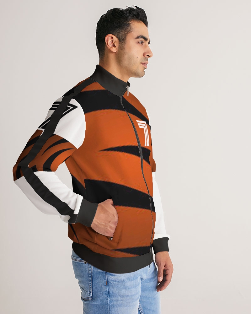 JungleDom Men's Track Jacket featuring black woven sleeve trim and ribbed collar.