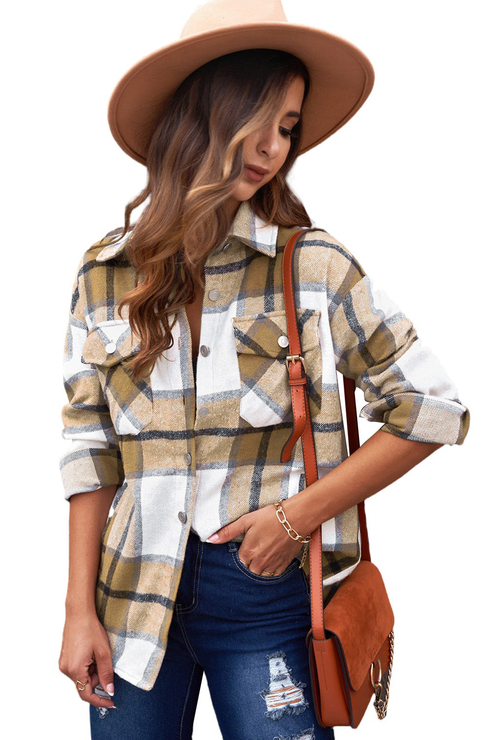 Khaki button-up pocket plaid shacket displayed on a mannequin, featuring a stylish plaid pattern and front pockets.