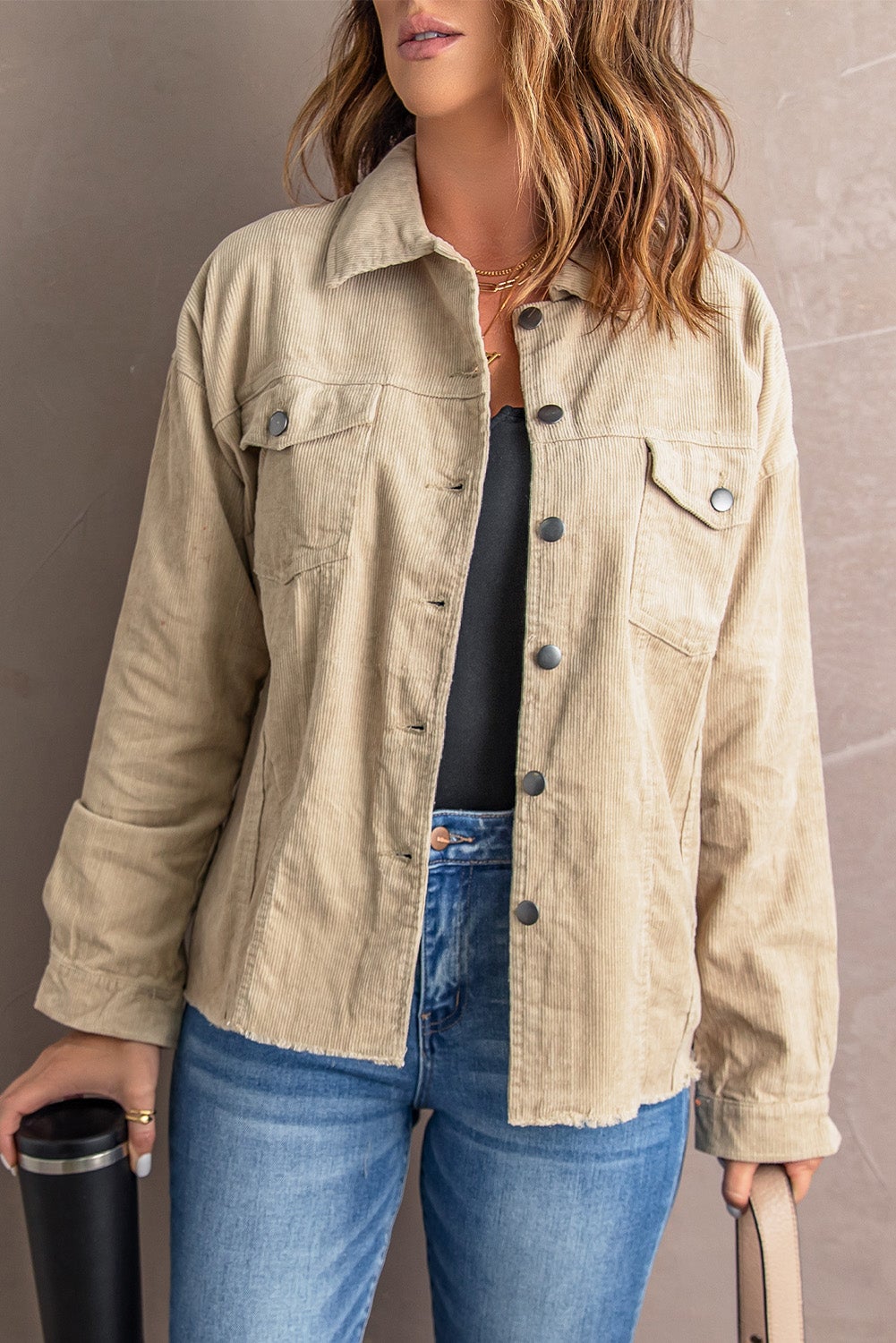 Khaki Pocket Corduroy Jacket featuring side pockets and button closure, perfect for winter layering.