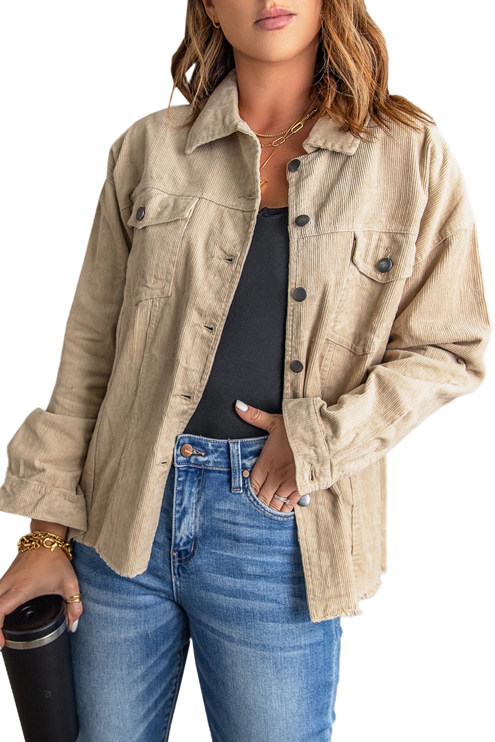 Khaki Pocket Corduroy Jacket featuring side pockets and button closure, perfect for winter layering.