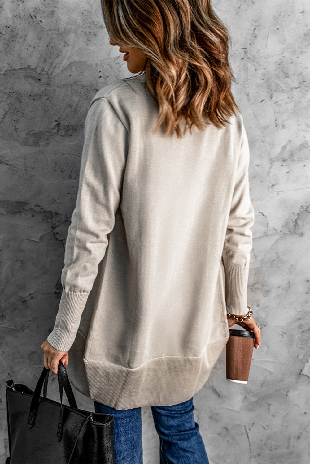 Khaki Super Soft Long Sleeve Open Cardigan displayed on a mannequin, showcasing its open front design and rounded hemline.