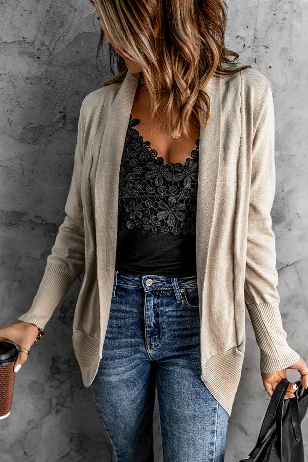 Khaki Super Soft Long Sleeve Open Cardigan displayed on a mannequin, showcasing its open front design and rounded hemline.