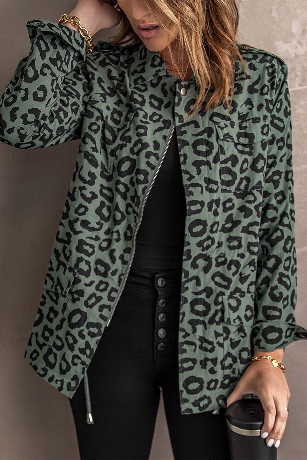 Lapel Collar Zipper Leopard Coat in green with stylish leopard print, featuring long sleeves and a drawstring waist for a flattering fit.