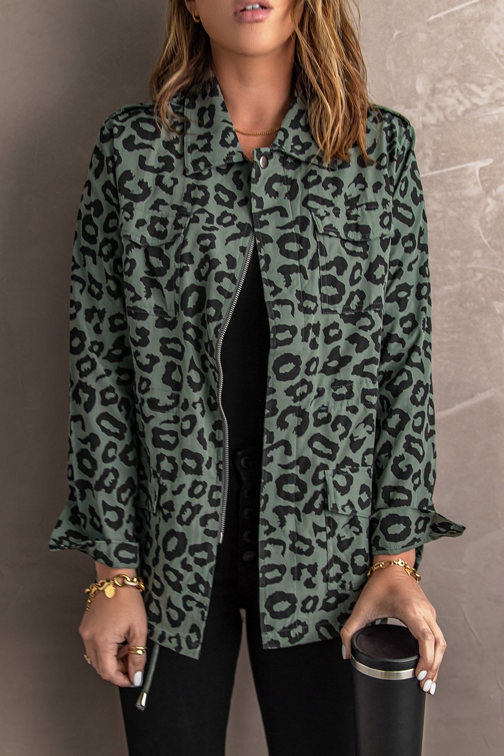 Lapel Collar Zipper Leopard Coat in green with stylish leopard print, featuring long sleeves and a drawstring waist for a flattering fit.