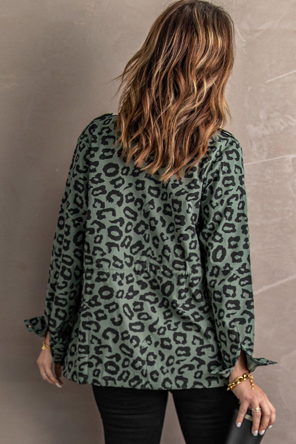 Lapel Collar Zipper Leopard Coat in green with stylish leopard print, featuring long sleeves and a drawstring waist for a flattering fit.