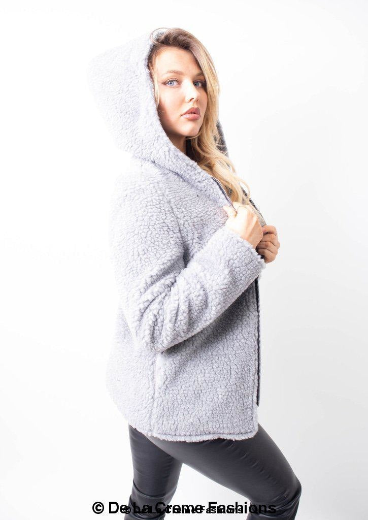 Lauren Zip Up Hooded Borg Teddy Jacket in various colors, showcasing its soft teddy fabric and zip fastening.