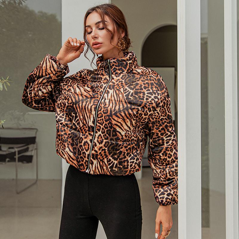 Leopard female basic jacket coat for women, featuring a stylish animal print design, full sleeves, and a zipper closure, perfect for winter wear.