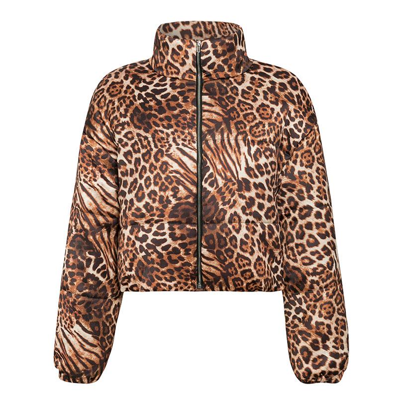 Leopard female basic jacket coat for women, featuring a stylish animal print design, full sleeves, and a zipper closure, perfect for winter wear.