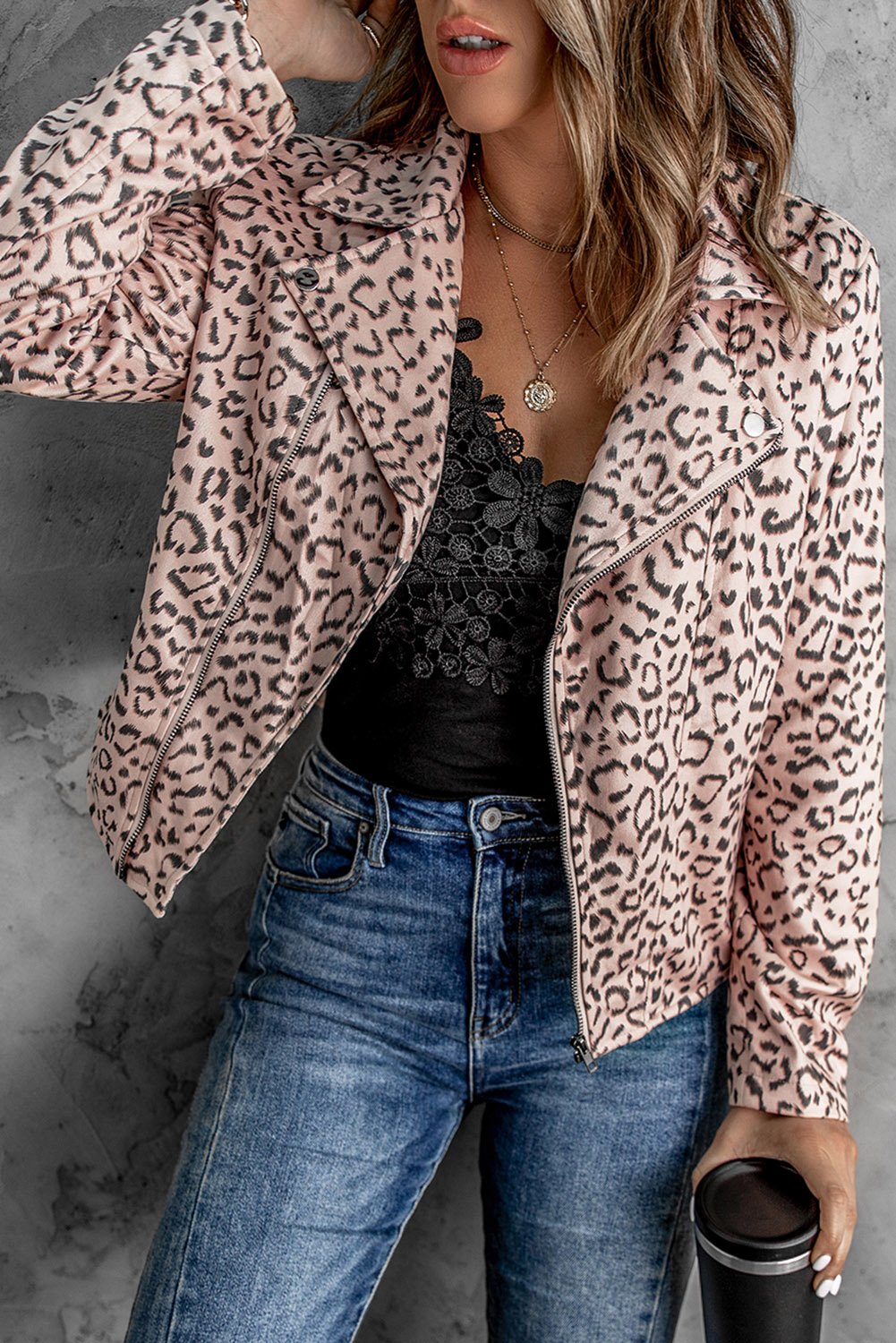 A stylish leopard print zipper jacket featuring a turn-down collar and long sleeves, perfect for casual wear in fall and winter.