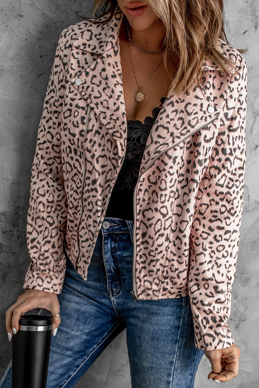 A stylish leopard print zipper jacket featuring a turn-down collar and long sleeves, perfect for casual wear in fall and winter.