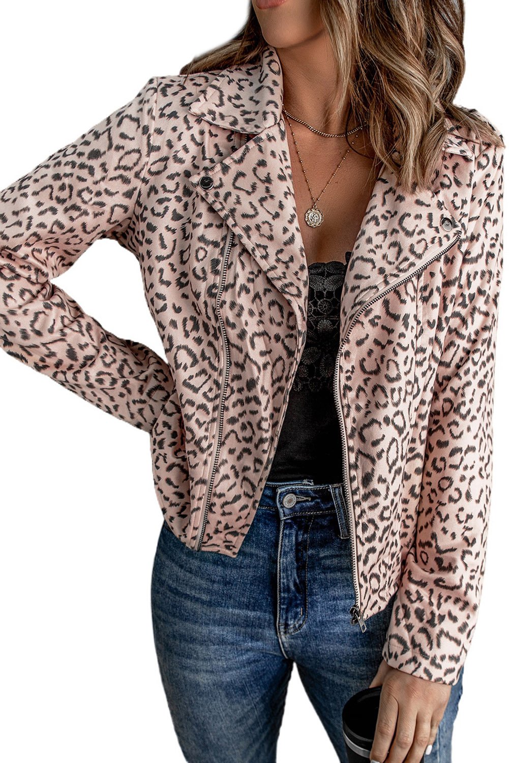 A stylish leopard print zipper jacket featuring a turn-down collar and long sleeves, perfect for casual wear in fall and winter.