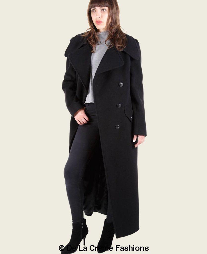 MARQUETTA Women's Double Breasted Long Coat in luxurious wool and cashmere blend, featuring large lapels and scalloped patch pockets.