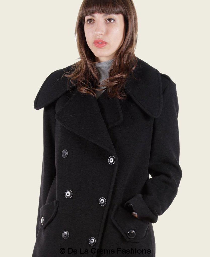 MARQUETTA Women's Double Breasted Long Coat in luxurious wool and cashmere blend, featuring large lapels and scalloped patch pockets.