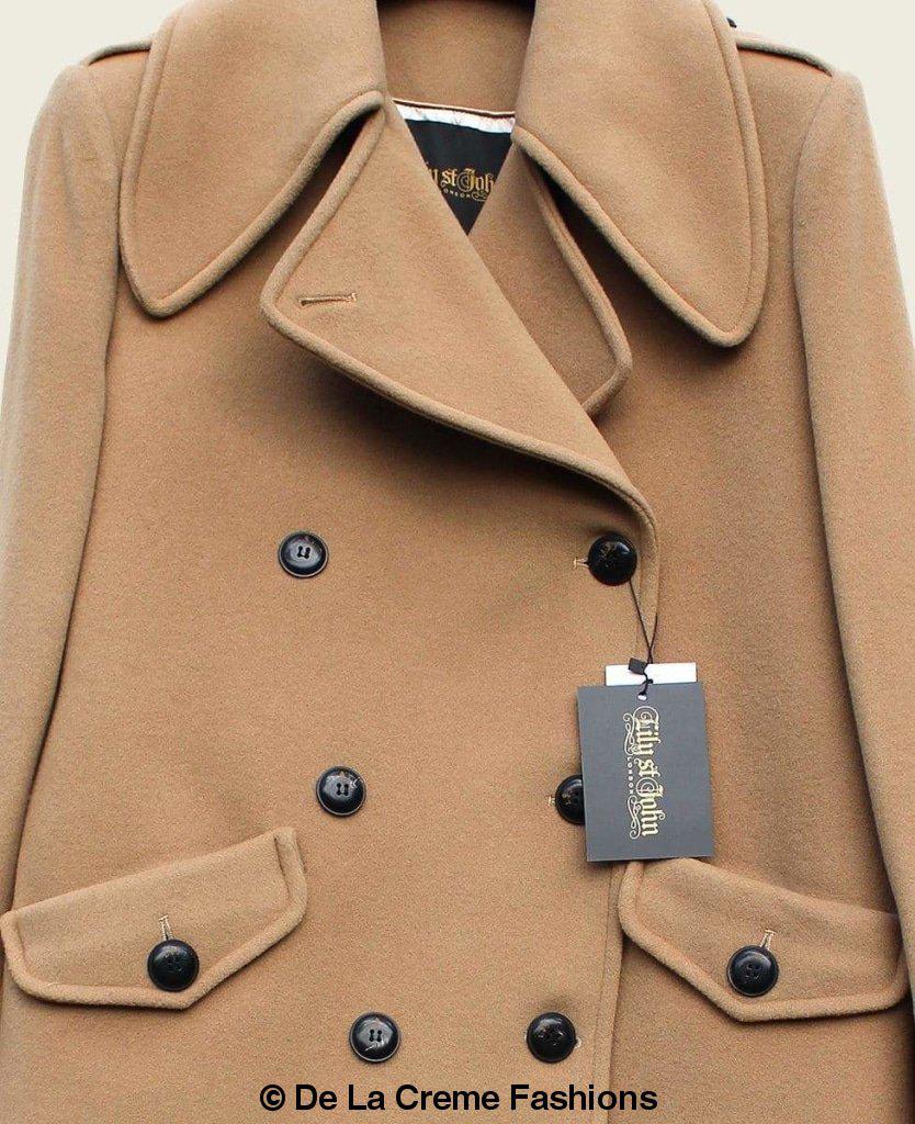 MARQUETTA Women's Double Breasted Long Coat in luxurious wool and cashmere blend, featuring large lapels and scalloped patch pockets.