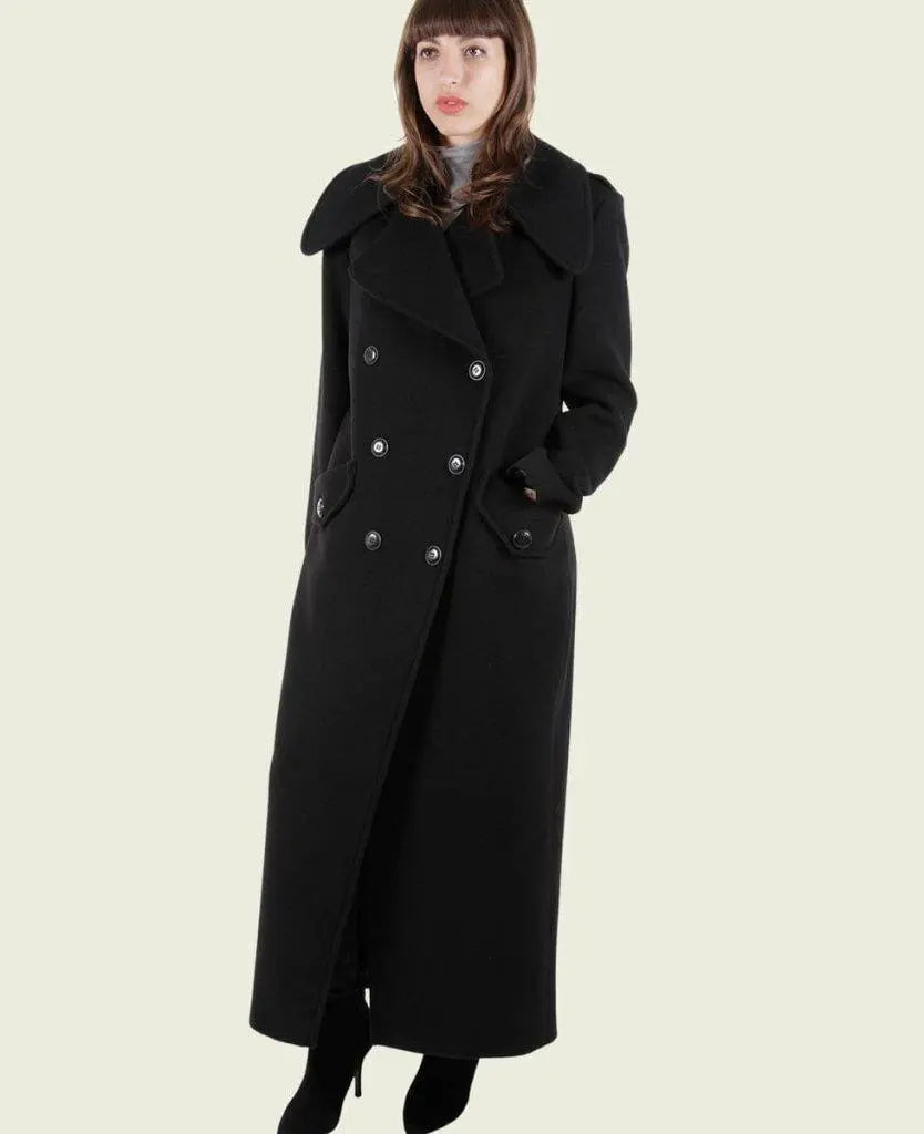 MARQUETTA Women's Double Breasted Long Coat in luxurious wool and cashmere blend, featuring large lapels and scalloped patch pockets.