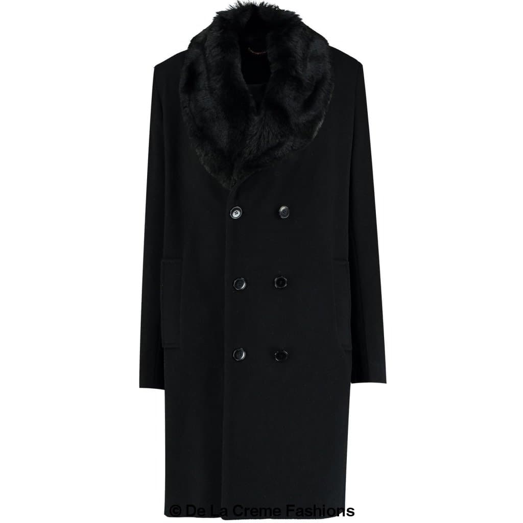 Men's wool mix overcoat in black with a removable faux fur collar, showcasing a double-breasted design and satin lining.