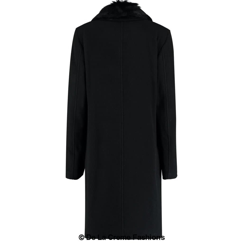 Men's wool mix overcoat in black with a removable faux fur collar, showcasing a double-breasted design and satin lining.