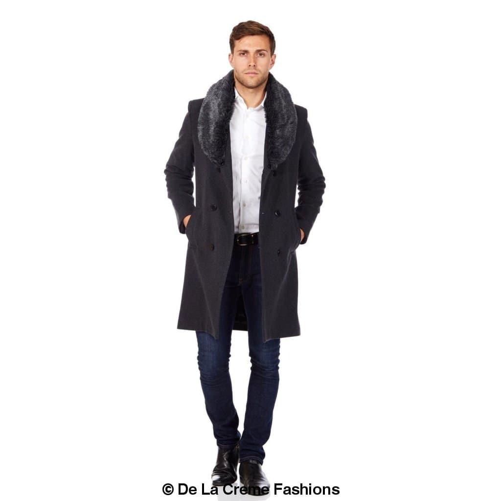 Men's wool mix overcoat in black with a removable faux fur collar, showcasing a double-breasted design and satin lining.