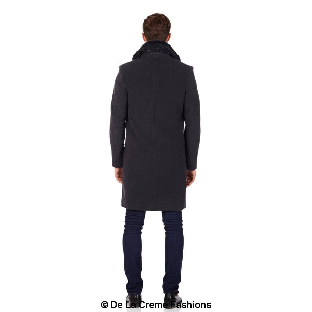 Men's wool mix overcoat in black with a removable faux fur collar, showcasing a double-breasted design and satin lining.