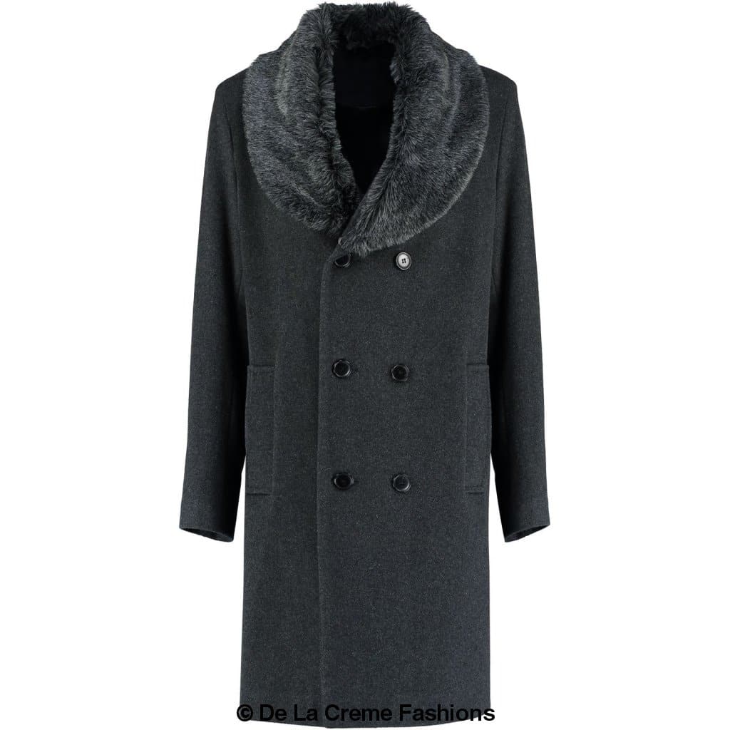 Men's wool mix overcoat in black with a removable faux fur collar, showcasing a double-breasted design and satin lining.