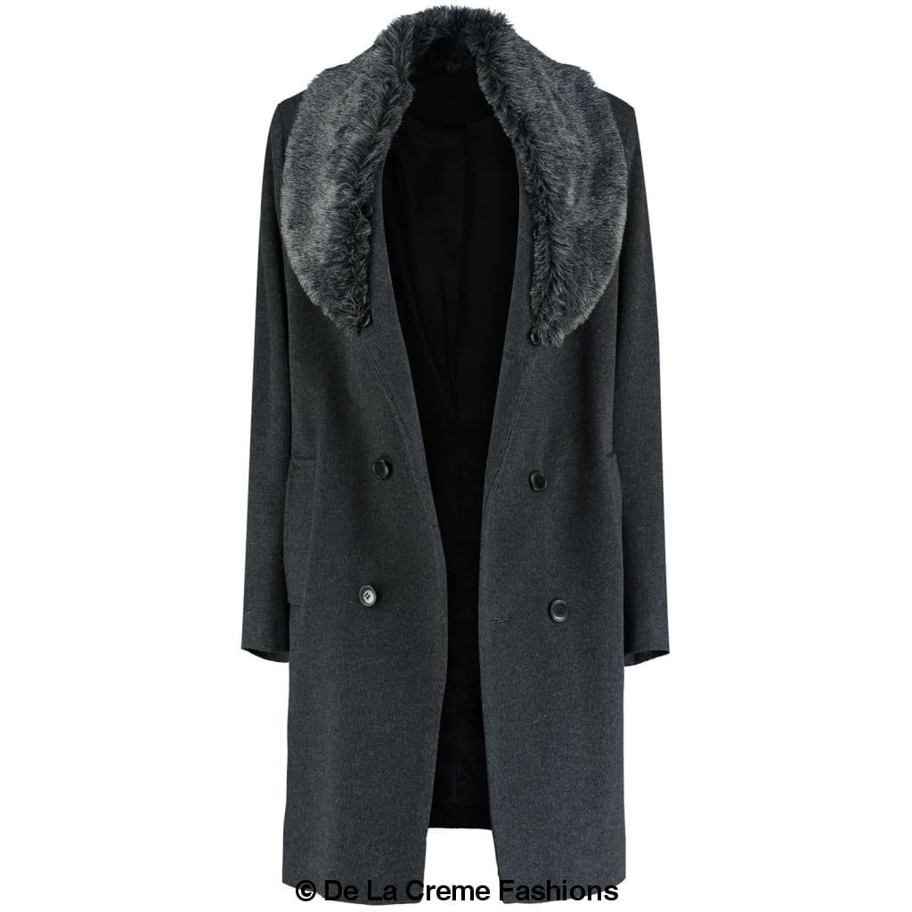 Men's wool mix overcoat in black with a removable faux fur collar, showcasing a double-breasted design and satin lining.