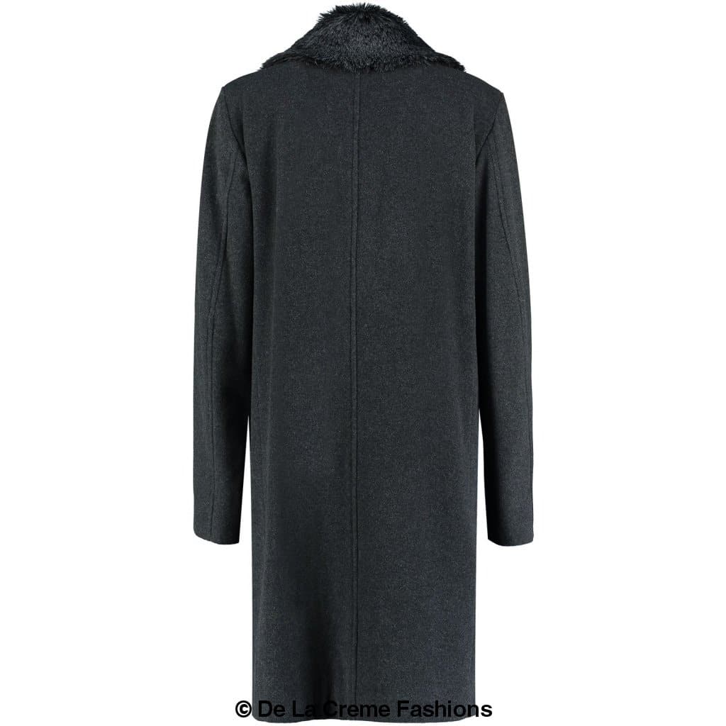 Men's wool mix overcoat in black with a removable faux fur collar, showcasing a double-breasted design and satin lining.