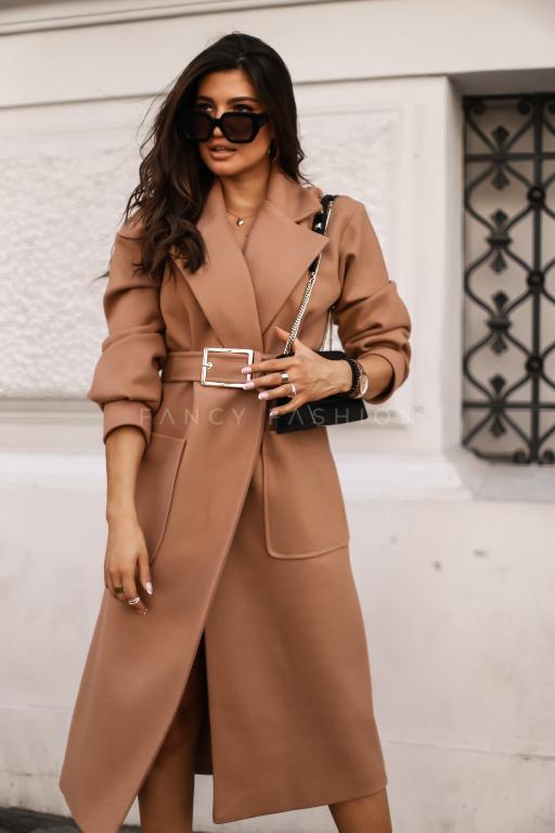 Stylish camel wool coat for women, featuring a turn-down collar, belt closure, and pockets, perfect for autumn and winter fashion.