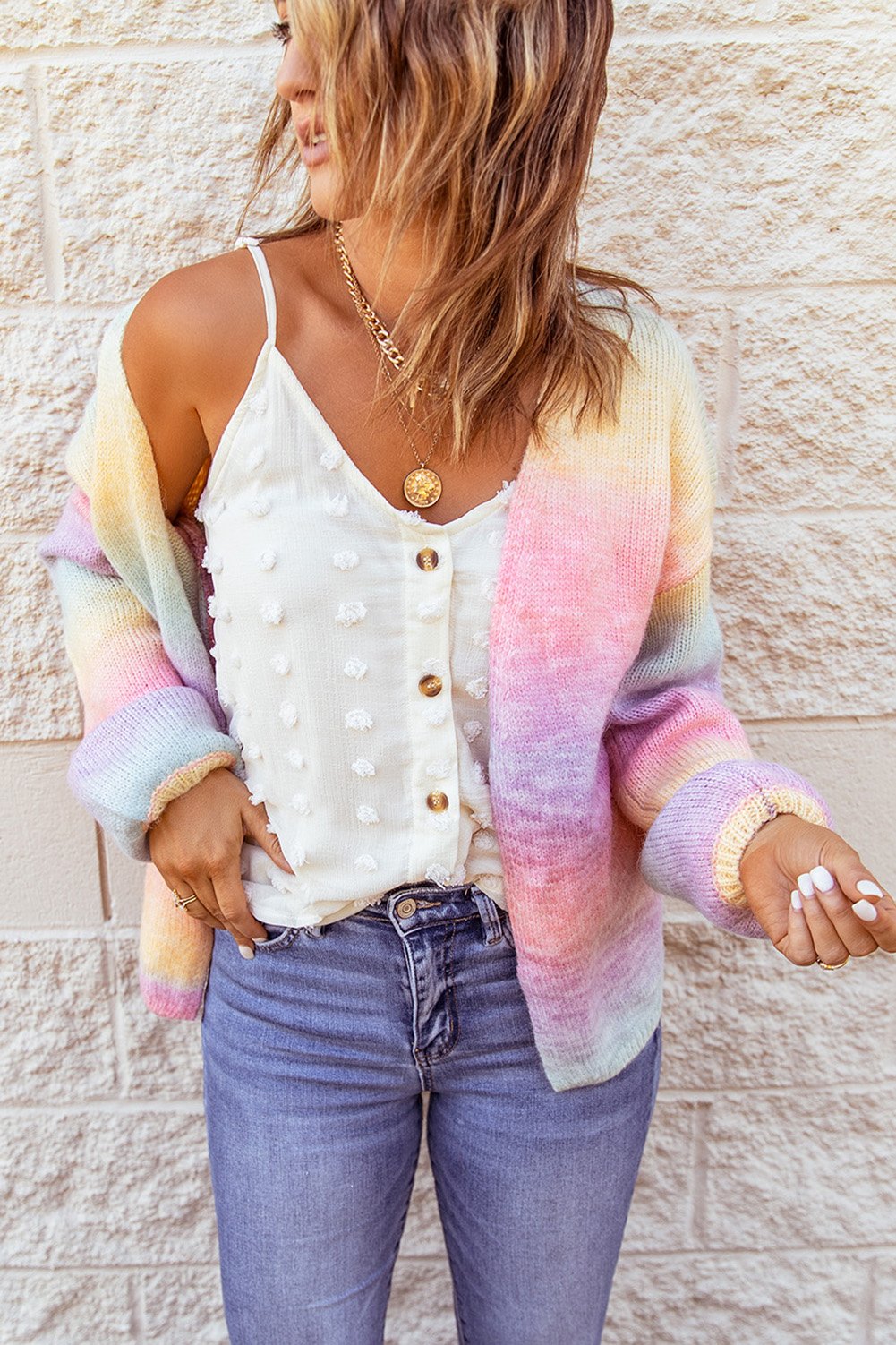 Ombre tie-dye wool cardigan featuring an open front and oversized drop-shoulder design, perfect for winter layering.