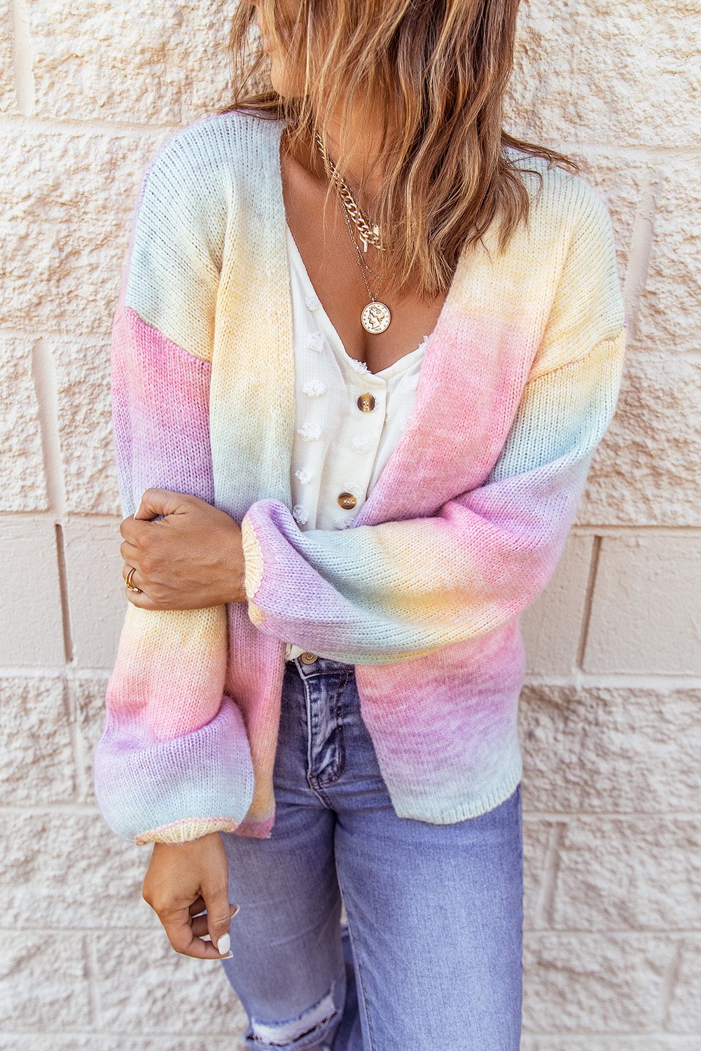 Ombre tie-dye wool cardigan featuring an open front and oversized drop-shoulder design, perfect for winter layering.