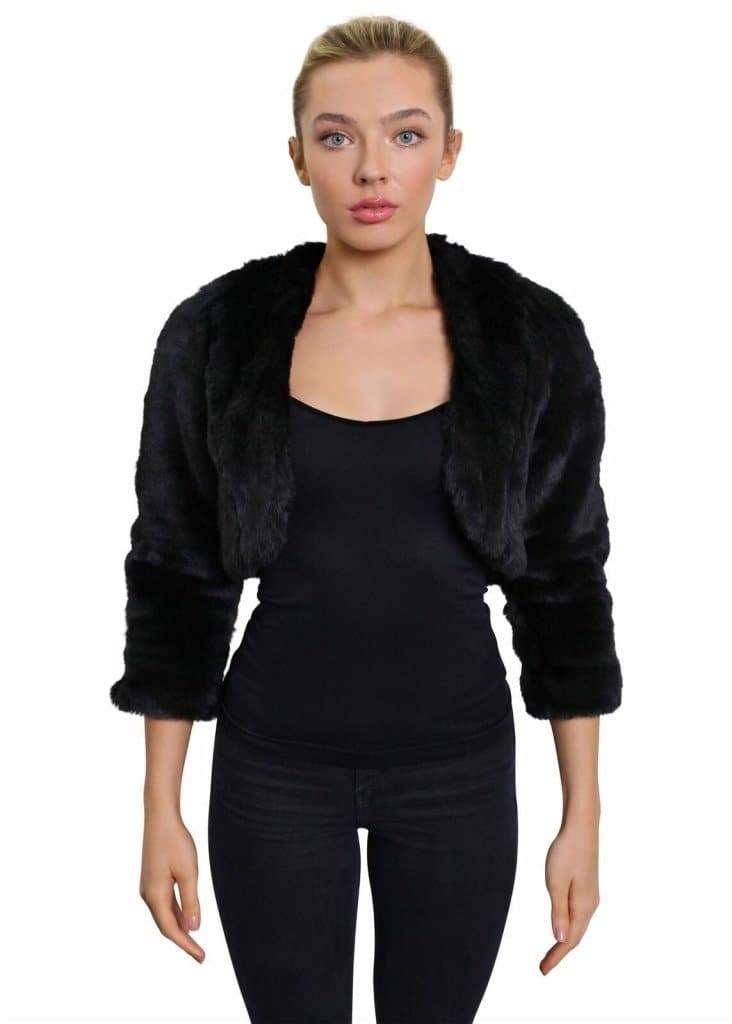 Open Front Faux Fur Bolero in black and grey, showcasing its cropped design and luxurious faux fur texture.