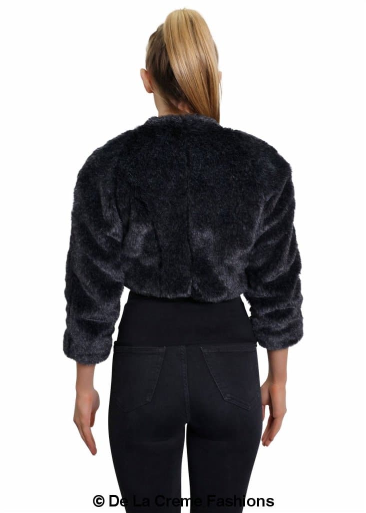 Open Front Faux Fur Bolero in black and grey, showcasing its cropped design and luxurious faux fur texture.