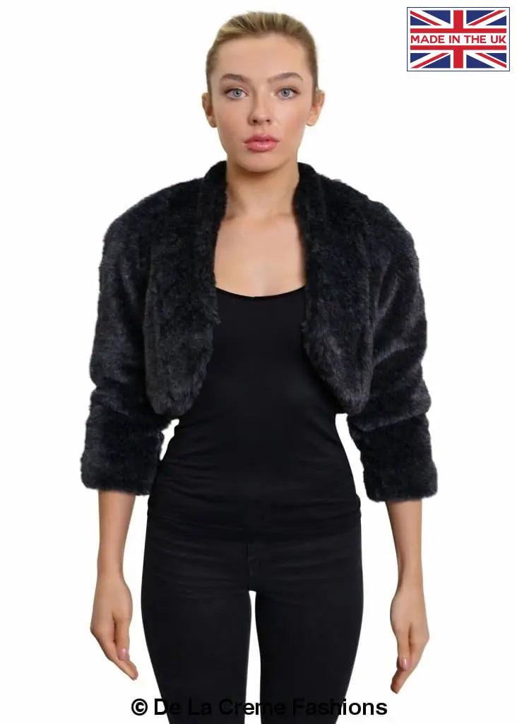 Open Front Faux Fur Bolero in black and grey, showcasing its cropped design and luxurious faux fur texture.