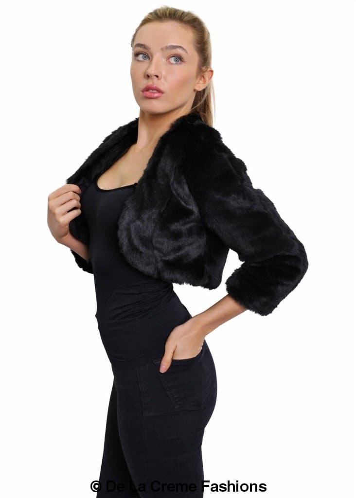 Open Front Faux Fur Bolero in black and grey, showcasing its cropped design and luxurious faux fur texture.