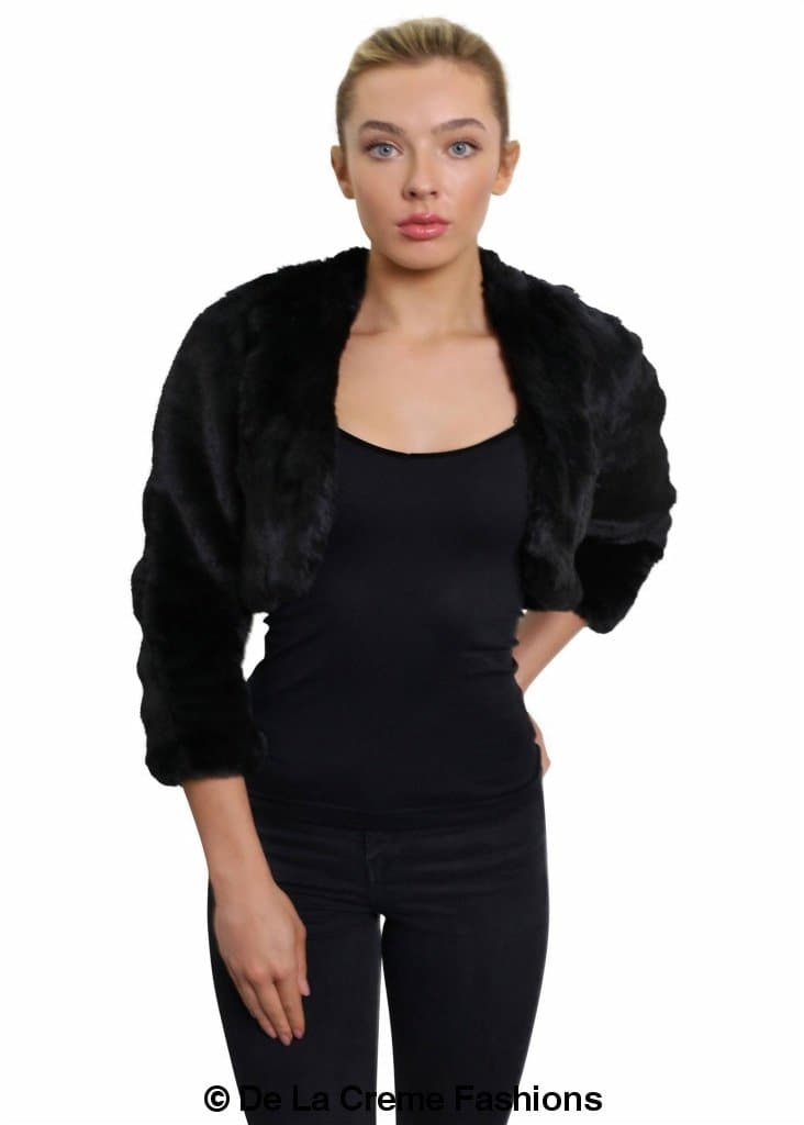 Open Front Faux Fur Bolero in black and grey, showcasing its cropped design and luxurious faux fur texture.