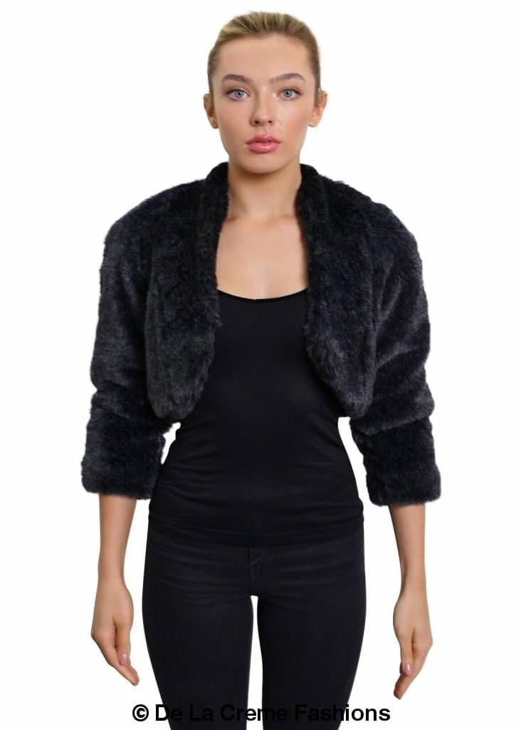 Open Front Faux Fur Bolero in black and grey, showcasing its cropped design and luxurious faux fur texture.