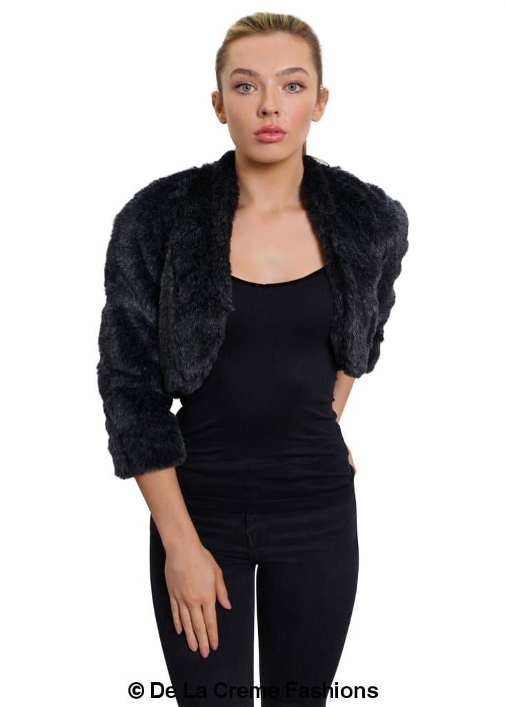 Open Front Faux Fur Bolero in black and grey, showcasing its cropped design and luxurious faux fur texture.