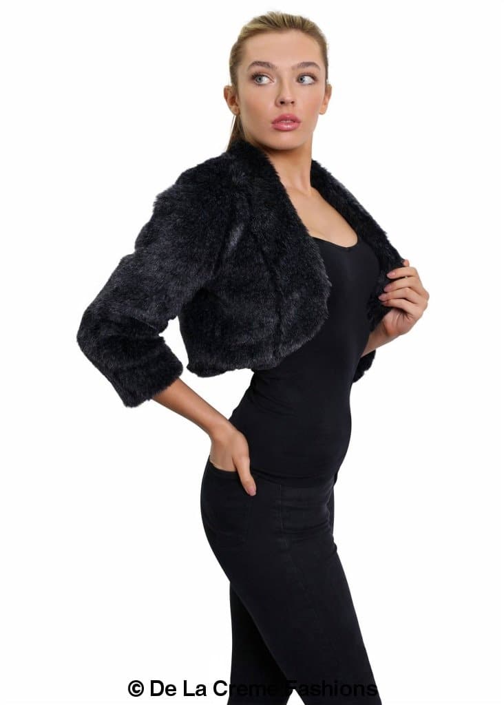 Open Front Faux Fur Bolero in black and grey, showcasing its cropped design and luxurious faux fur texture.