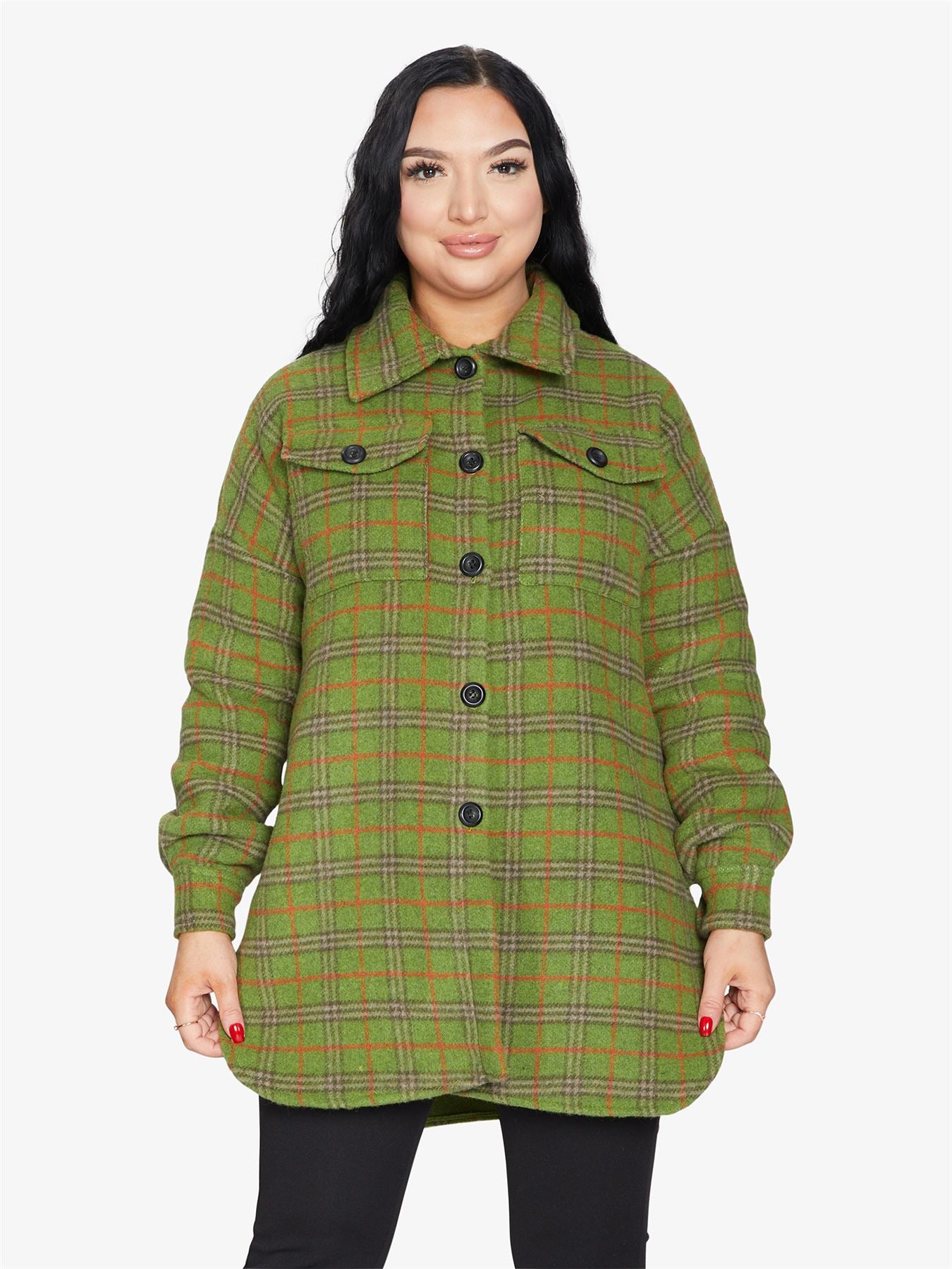 An oversized wool blend shacket featuring a luxurious nova check pattern, button down fastening, and a stylish design suitable for various occasions.