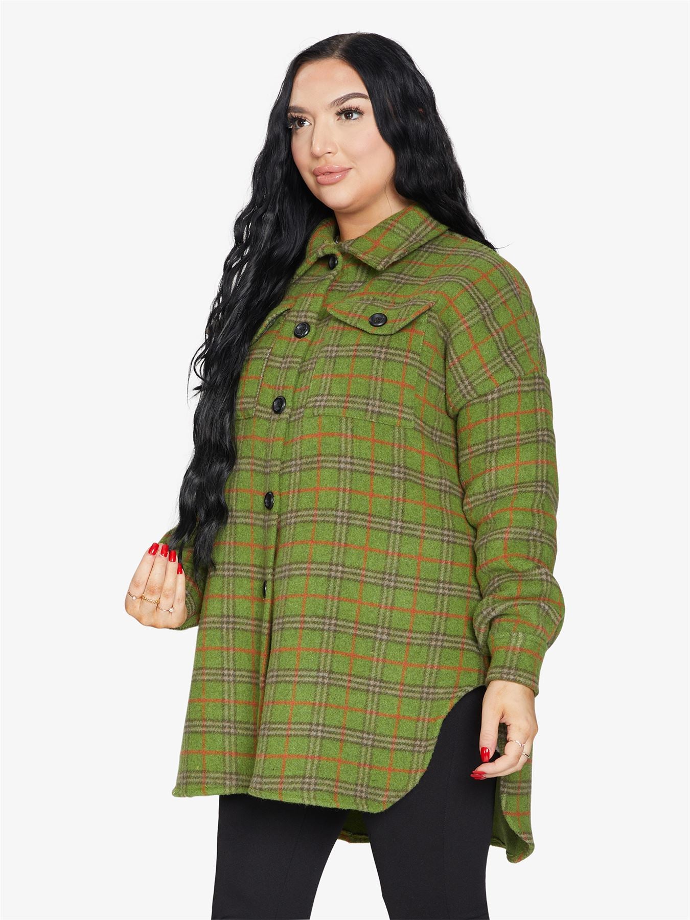 An oversized wool blend shacket featuring a luxurious nova check pattern, button down fastening, and a stylish design suitable for various occasions.