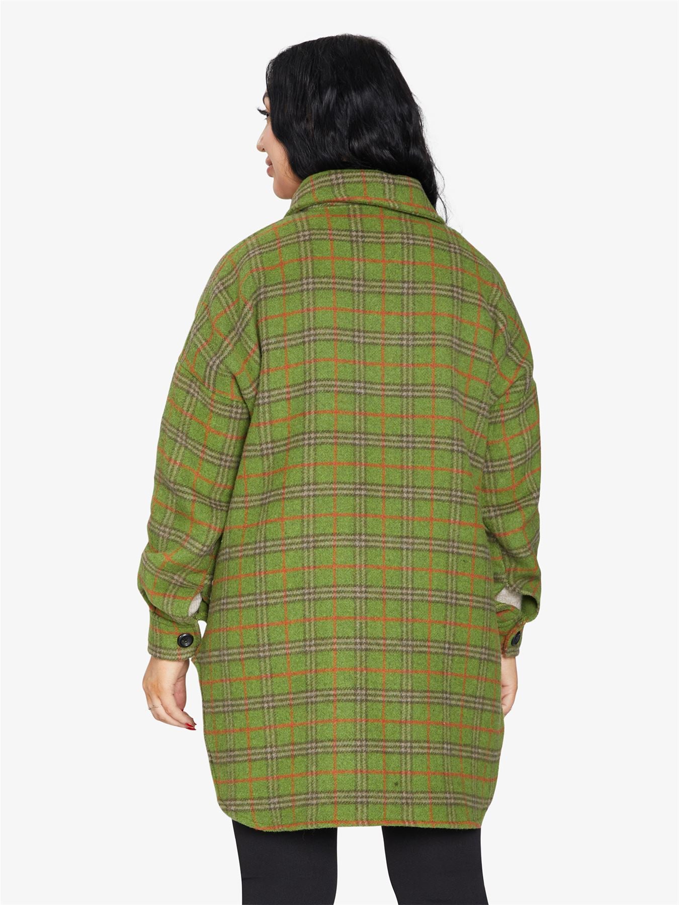 An oversized wool blend shacket featuring a luxurious nova check pattern, button down fastening, and a stylish design suitable for various occasions.