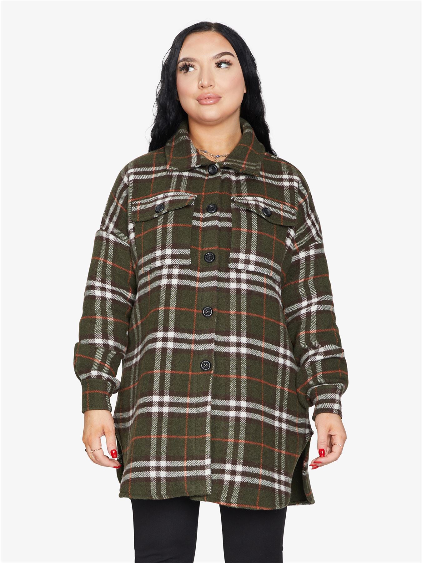 An oversized wool blend shacket featuring a luxurious nova check pattern, button down fastening, and a stylish design suitable for various occasions.