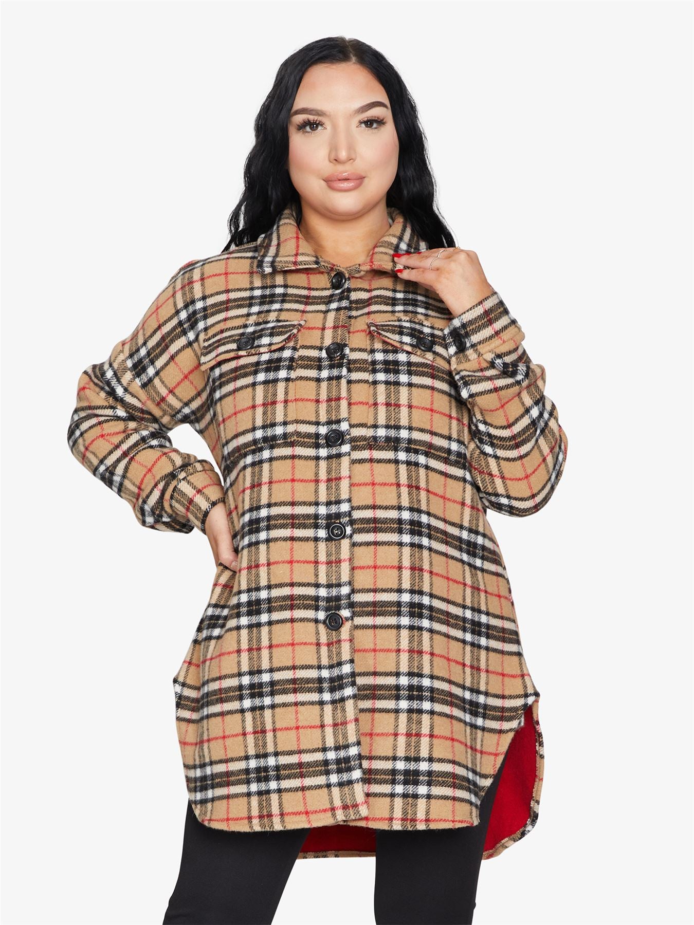 An oversized wool blend shacket featuring a luxurious nova check pattern, button down fastening, and a stylish design suitable for various occasions.