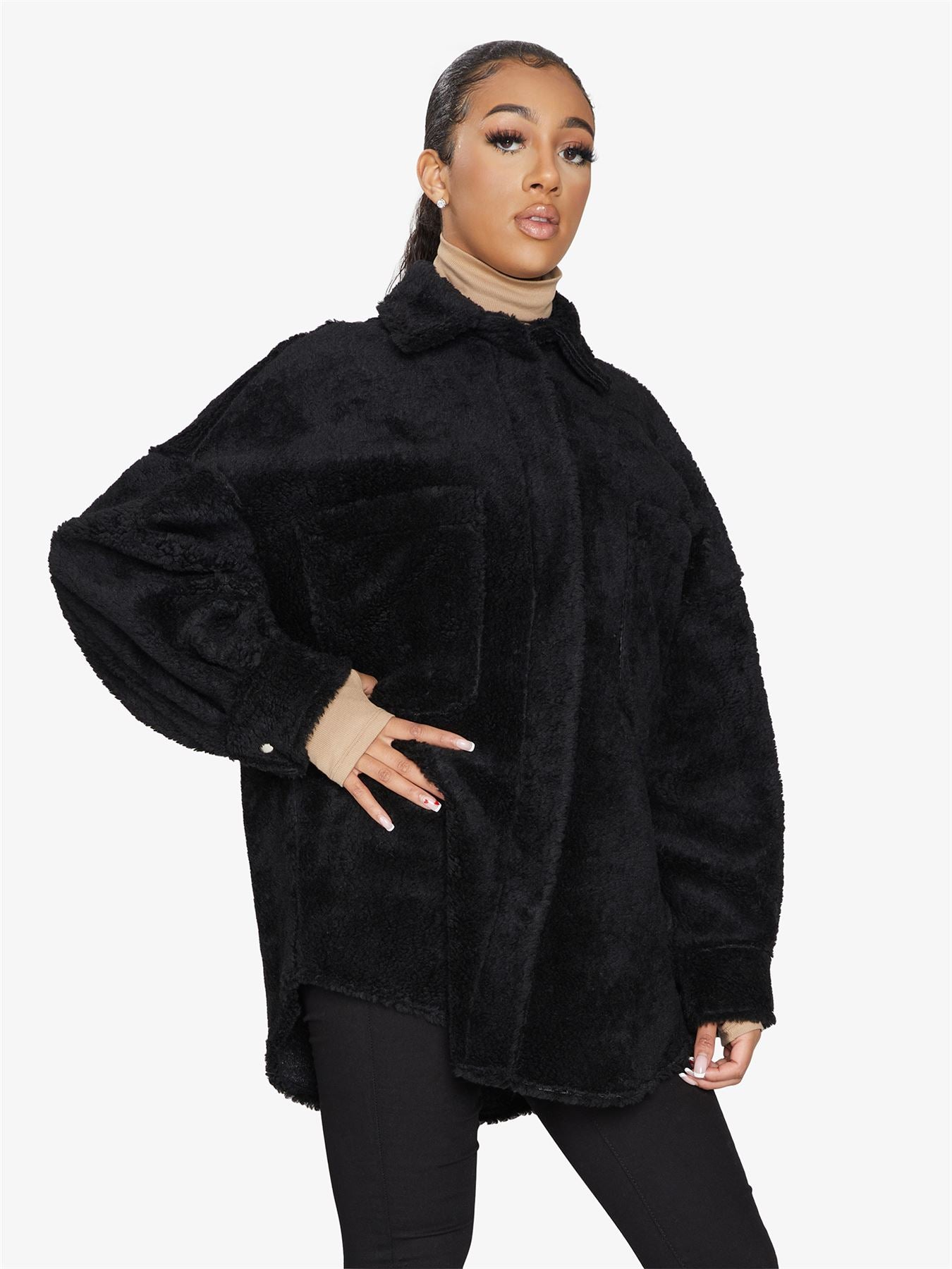 Oversized Patch Pocket Borg Teddy Shacket in soft fabric with large pockets and stud button fastening, perfect for stylish layering.