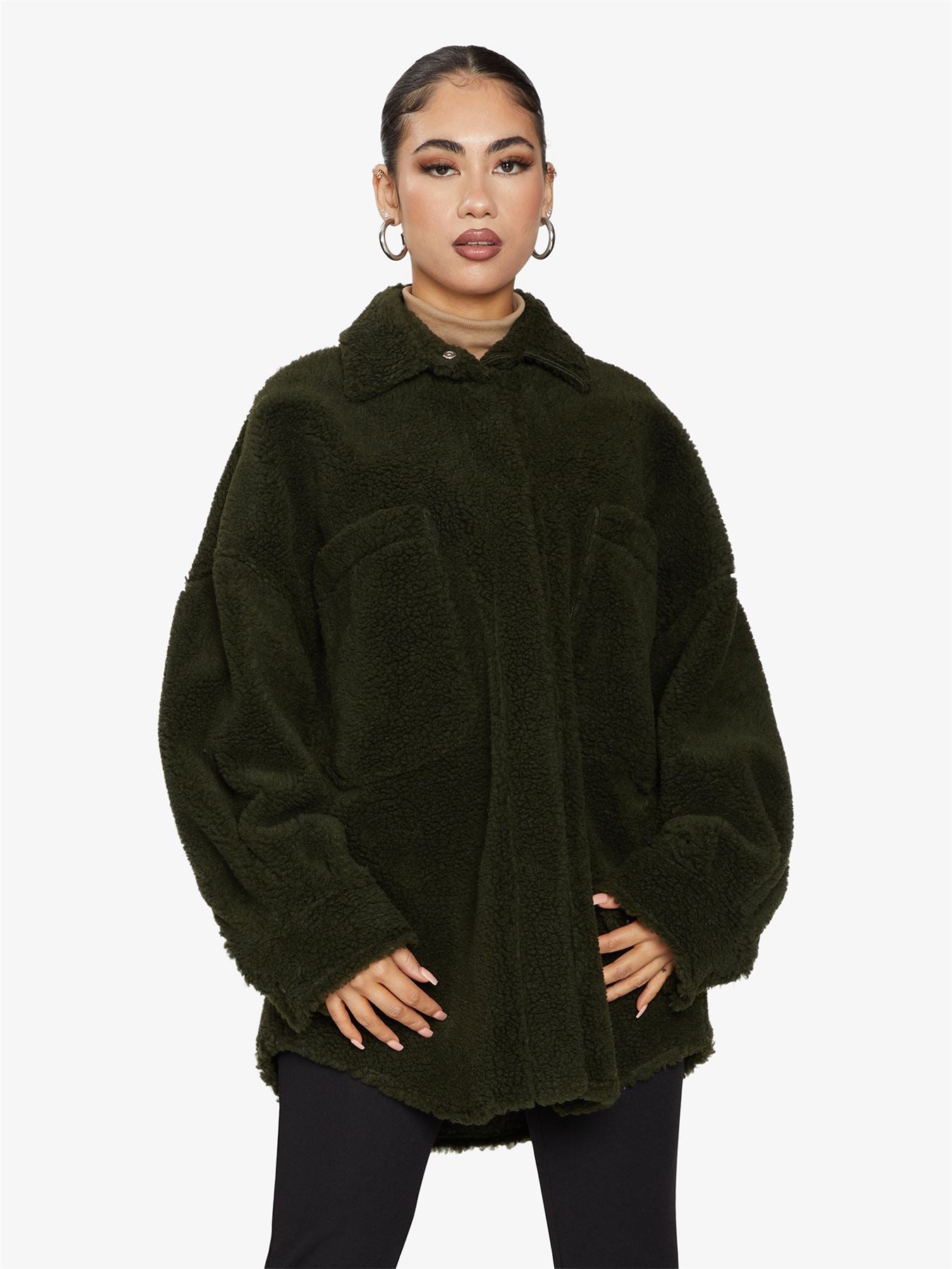 Oversized Patch Pocket Borg Teddy Shacket in soft fabric with large pockets and stud button fastening, perfect for stylish layering.