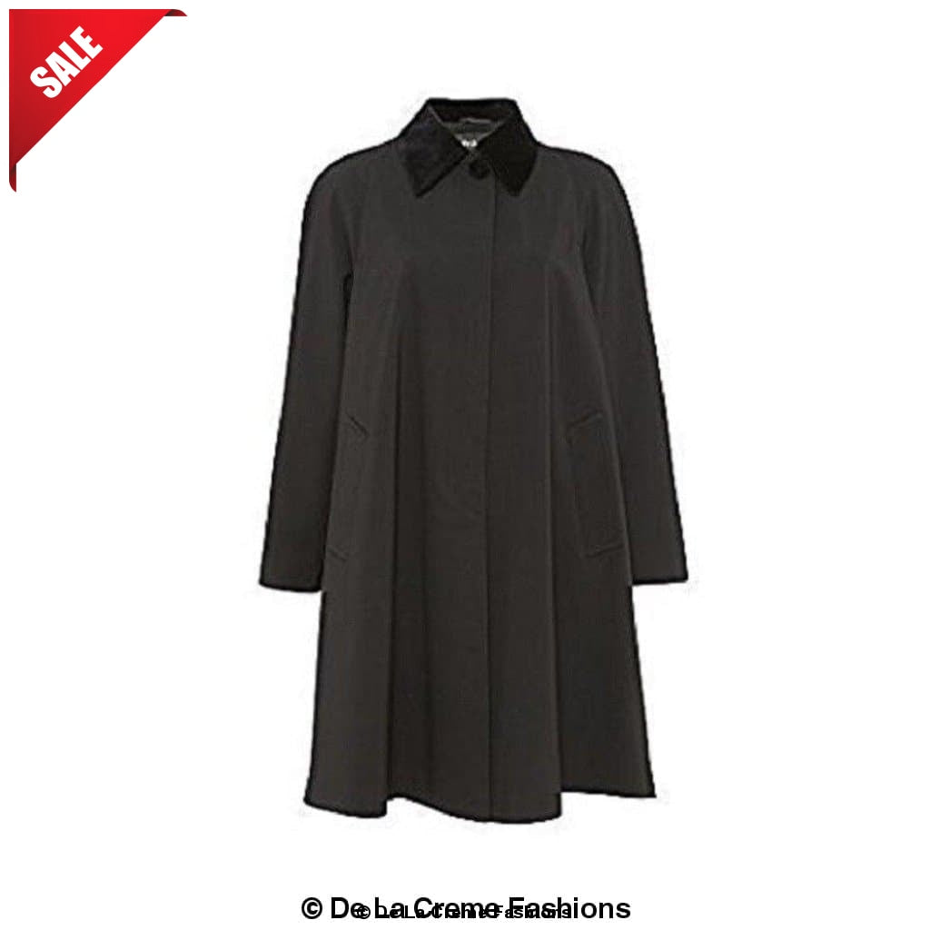 Oversized lightweight swing coat with velvet trim collar, featuring concealed button fastening and fully lined interior, available in various sizes.