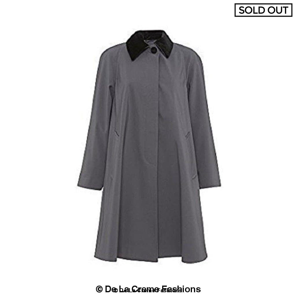 Oversized lightweight swing coat with velvet trim collar, featuring concealed button fastening and fully lined interior, available in various sizes.