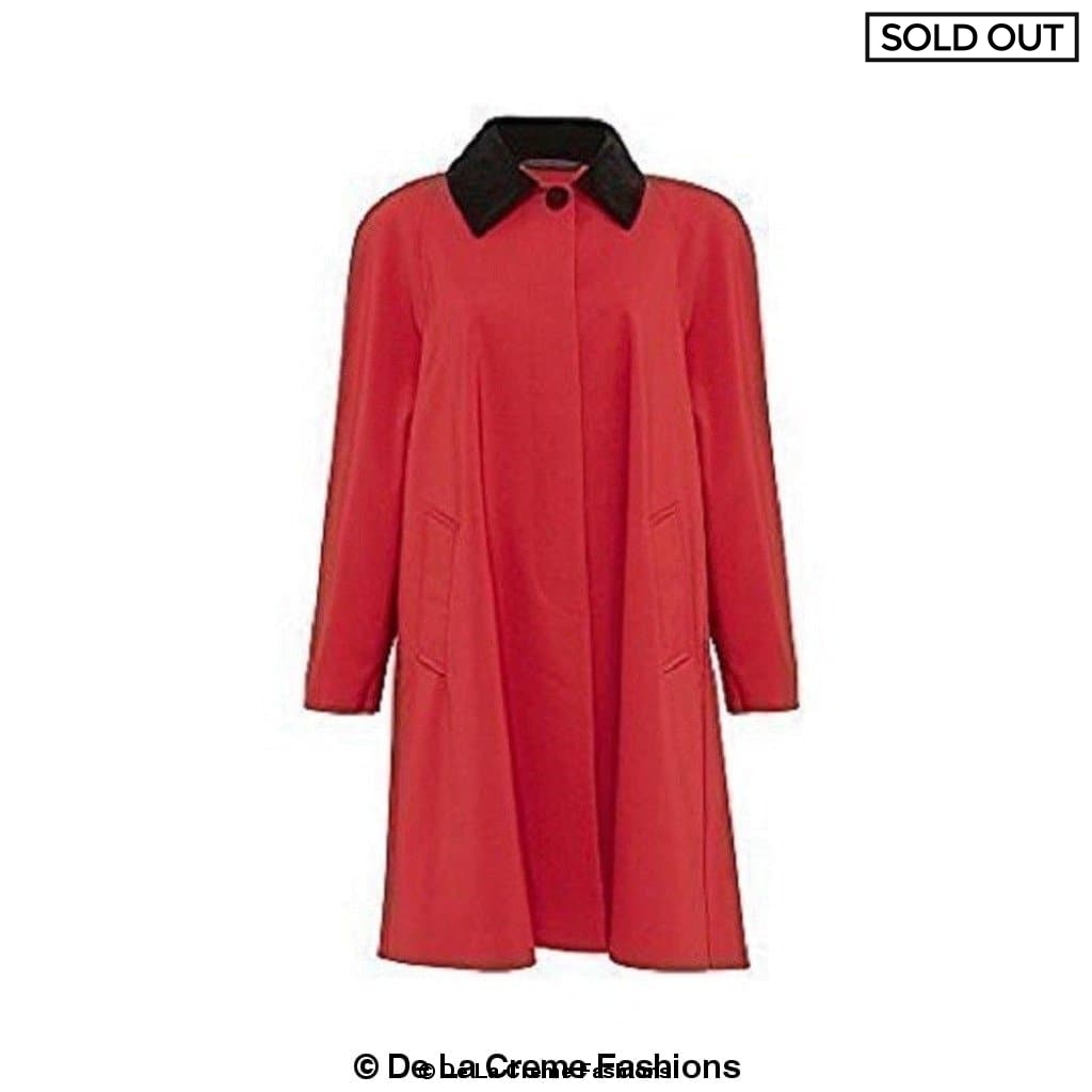 Oversized lightweight swing coat with velvet trim collar, featuring concealed button fastening and fully lined interior, available in various sizes.