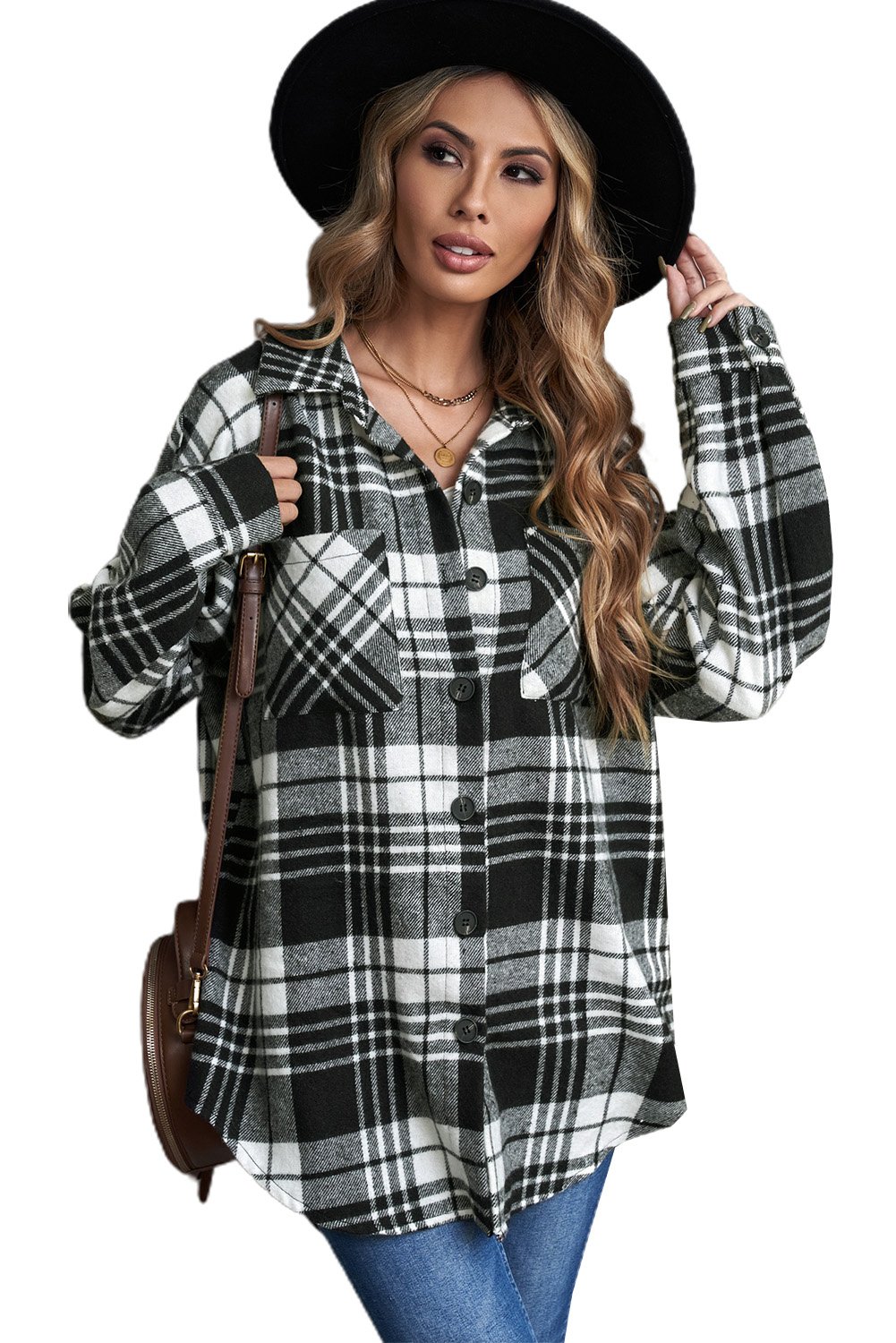 A stylish plaid boyfriend shirt coat for women, featuring a turn-down collar, full sleeves, and a high-low hemline, perfect for winter wear.