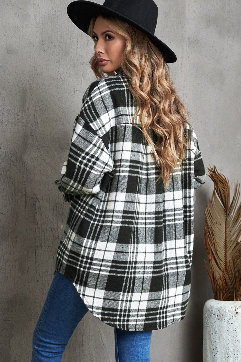 A stylish plaid boyfriend shirt coat for women, featuring a turn-down collar, full sleeves, and a high-low hemline, perfect for winter wear.